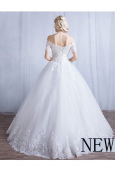 Tulle, Lace Off-the-Shoulder Floor Length Short Sleeve Ball Gown Dress with Sequins, Beads