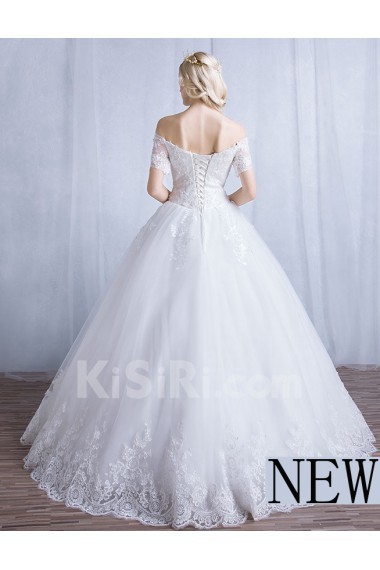Tulle, Lace Off-the-Shoulder Floor Length Short Sleeve Ball Gown Dress with Sequins, Beads