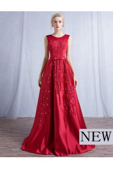 Satin Jewel Floor Length Sleeveless A-line Dress with Bow, Beads
