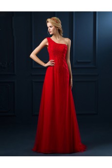 Tulle, Lace One-shoulder Floor Length Sleeveless Sheath Dress with Handmade Flowers
