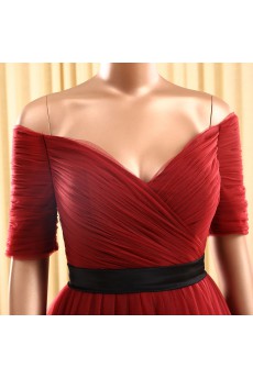 Organza Off-the-Shoulder Floor Length Short Sleeve A-line Dress with Sash