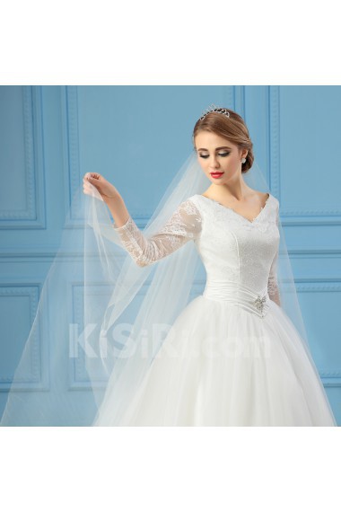 Organza V-neck Sweep Train Three-quarter Ball Gown Dress with Lace