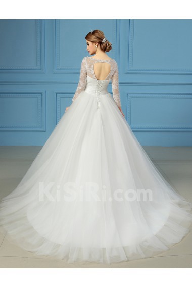 Organza V-neck Sweep Train Three-quarter Ball Gown Dress with Lace