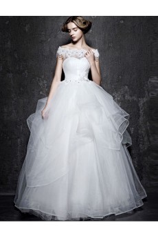 Lace, Satin Off-the-Shoulder Floor Length Ball Gown Dress with Beads