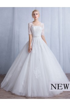 Tulle, Lace Square Floor Length Half Sleeve Ball Gown Dress with Sash