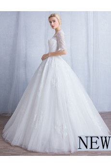 Tulle, Lace Square Floor Length Half Sleeve Ball Gown Dress with Sash