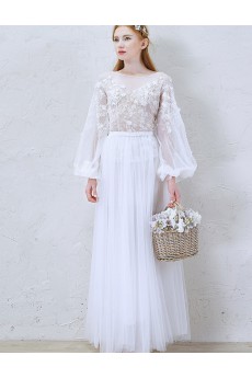 Lace, Tulle, Chiffon Jewel Ankle-Length Long Sleeve A-line Dress