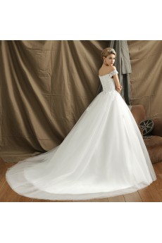 Organza Off-the-Shoulder Chapel Train A-line Dress with Flower