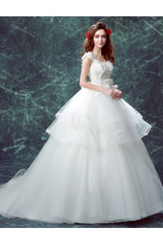 Organza V-neck Chapel Train Cap Sleeve Ball Gown Dress with Beads