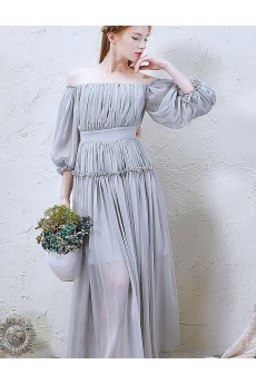 Chiffon Off-the-Shoulder Ankle-Length Three-quarter Column Dress with Ruched