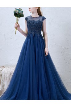 Lace, Tulle Jewel Sweep Train Cap Sleeve A-line Dress with Rhinestone