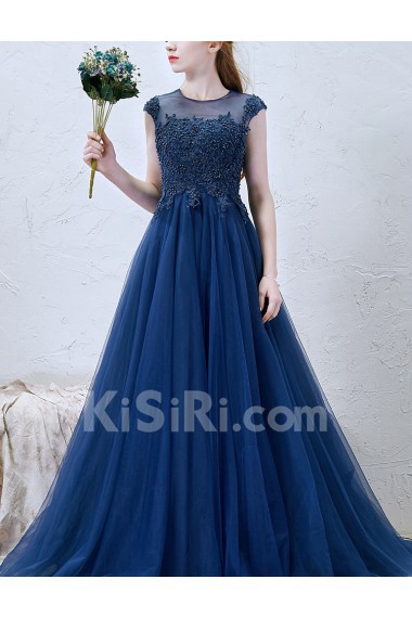 Lace, Tulle Jewel Sweep Train Cap Sleeve A-line Dress with Rhinestone