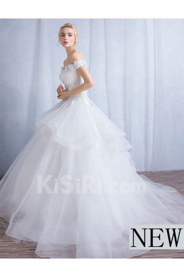Tulle, Lace Off-the-Shoulder Sweep Train Ball Gown Dress with Handmade Flowers