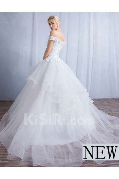 Tulle, Lace Off-the-Shoulder Sweep Train Ball Gown Dress with Handmade Flowers