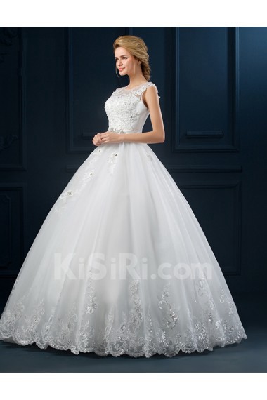 Tulle, Lace Jewel Floor Length Cap Sleeve Ball Gown Dress with Beads, Sash