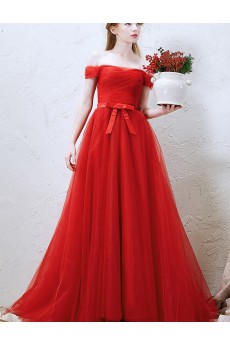 Tulle Off-the-Shoulder Sweep Train A-line Dress with Bow