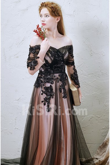 Lace, Tulle Off-the-Shoulder Floor Length Long Sleeve A-line Dress with Handmade Flowers, Sequins