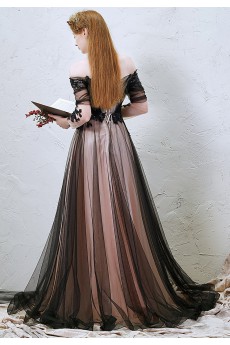 Lace, Tulle Off-the-Shoulder Floor Length Long Sleeve A-line Dress with Handmade Flowers, Sequins