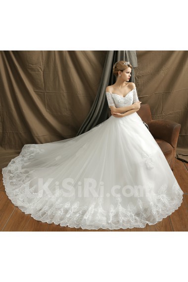 Organza Off-the-Shoulder Chapel Train A-line Dress with Lace