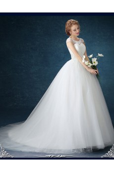 Chiffon, Tulle Scoop Chapel Train Cap Sleeve Ball Gown Dress with Beads