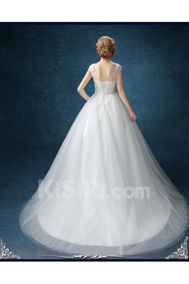 Chiffon, Tulle Scoop Chapel Train Cap Sleeve Ball Gown Dress with Beads