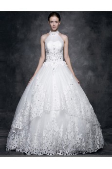 Lace, Satin, Tulle Halter Floor Length Sleeveless Ball Gown Dress with Rhinestone, Beads
