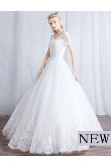 Tulle V-neck Floor Length Short Sleeve Ball Gown Dress with Sequins