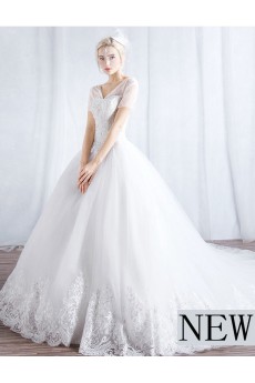 Tulle V-neck Chapel Train Short Sleeve Ball Gown Dress with Sequins