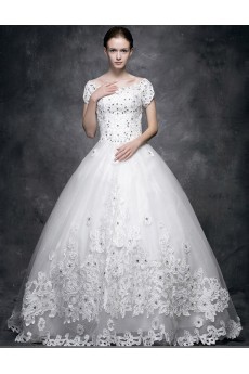 Lace, Satin Scoop Floor Length Short Sleeve Ball Gown Dress with Rhinestone