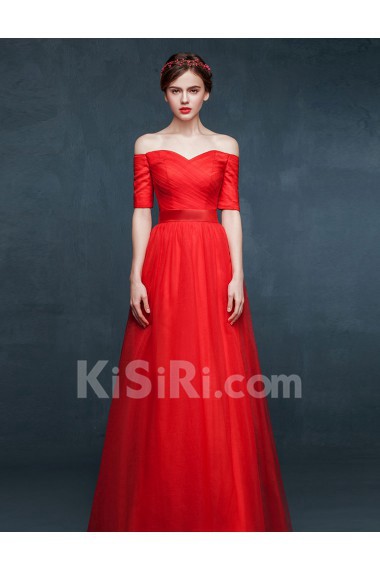 Tulle, Satin Off-the-Shoulder Floor Length Short Sleeve A-line Dress with Sash