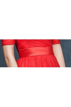Tulle, Satin Off-the-Shoulder Floor Length Short Sleeve A-line Dress with Sash