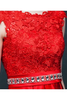 Satin, Lace Jewel Floor Length Cap Sleeve A-line Dress with Rhinestone, Sash