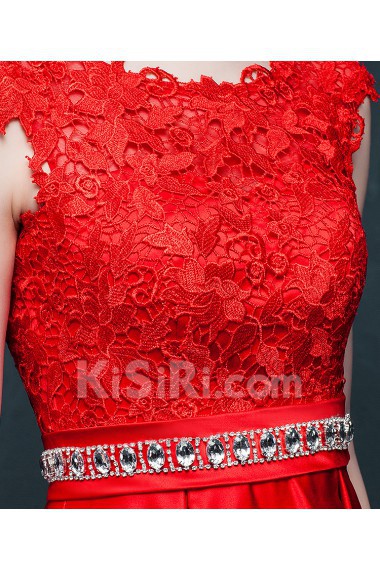 Satin, Lace Jewel Floor Length Cap Sleeve A-line Dress with Rhinestone, Sash