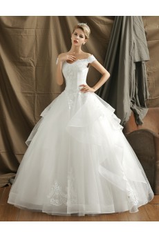 Organza Off-the-Shoulder Floor Length Ball Gown Dress with Flower, Rhinestone