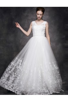Lace, Satin, Tulle V-neck Floor Length Sleeveless Ball Gown Dress with Pearl