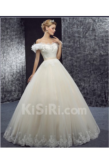 Lace, Tulle Off-the-Shoulder Floor Length Ball Gown Dress with Sequins