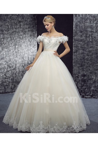 Lace, Tulle Off-the-Shoulder Floor Length Ball Gown Dress with Sequins
