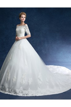 Tulle, Lace, Satin Off-the-Shoulder Chapel Train Half Sleeve Ball Gown Dress with Embroidered