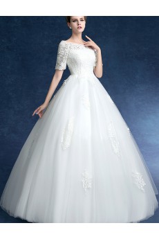 Tulle, Lace, Satin Off-the-Shoulder Floor Length Half Sleeve Ball Gown Dress with Embroidered