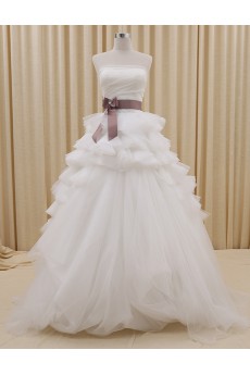 Tulle, Satin Strapless Sweep Train Sleeveless Ball Gown Dress with Bow
