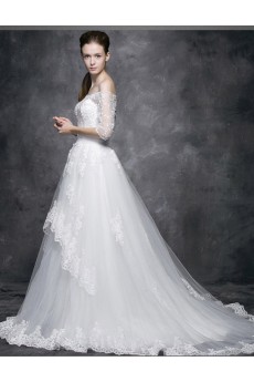 Tulle, Lace, Satin Off-the-Shoulder Chapel Train Half Sleeve A-line Dress with Beads