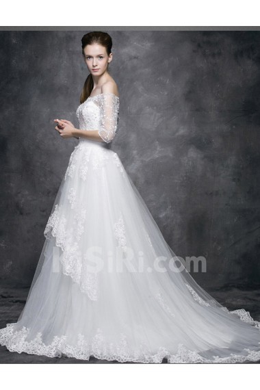 Tulle, Lace, Satin Off-the-Shoulder Chapel Train Half Sleeve A-line Dress with Beads