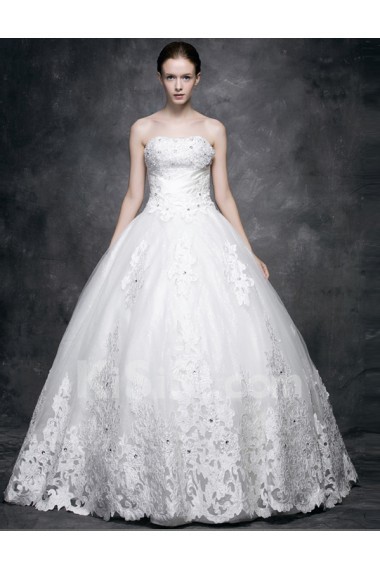 Lace, Satin Strapless Floor Length Sleeveless Ball Gown Dress with Rhinestone