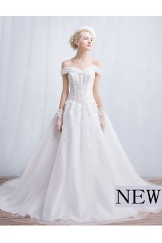 Tulle, Lace Off-the-Shoulder Chapel Train Ball Gown Dress with Applique