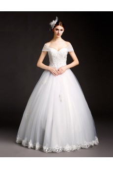 Lace, Tulle Off-the-Shoulder Floor Length Ball Gown Dress with Beads