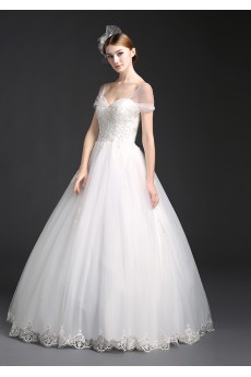 Lace, Tulle Off-the-Shoulder Floor Length Ball Gown Dress with Beads