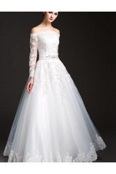 Tulle, Lace Off-the-Shoulder Floor Length Long Sleeve A-line Dress with Sequins