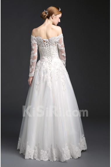 Tulle, Lace Off-the-Shoulder Floor Length Long Sleeve A-line Dress with Sequins