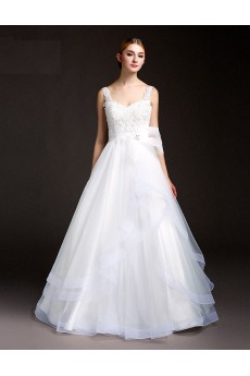 Tulle, Lace V-neck Floor Length Sleeveless A-line Dress with Beads, Sash