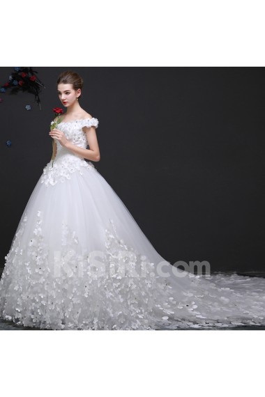 Lace, Tulle Off-the-Shoulder Cathedral Train Ball Gown Dress with Handmade Flowers, Rhinestone